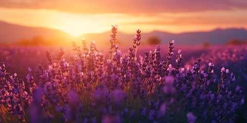 a field of purple flowers with the sun setting behind it