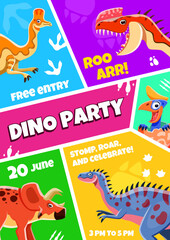 Kids party flyer with funny dino characters. Vector invitation designed as colorful collage with funny prehistoric dinosaur animals and event details. Poster inviting kids to celebration or attraction