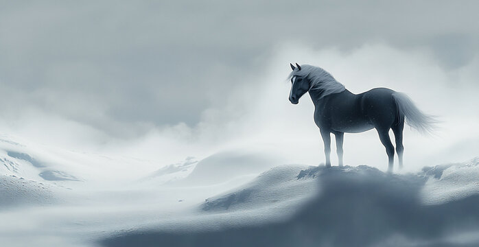 Majestic black horse in snowy mountains; winter landscape; serene scene; nature photography; ideal for calendars - Powered by Adobe