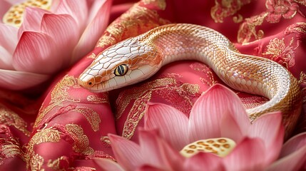 Fototapeta premium A sinuous snake with iridescent jade and gold scales winding gracefully through vibrant pink lotus petals, resting on a luxurious red and gold Chinese silk fabric,
