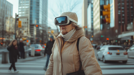 Elderly Woman Walking in Urban Street with Virtual Reality Goggles