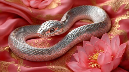 Fototapeta premium A sinuous snake with iridescent jade and gold scales winding gracefully through vibrant pink lotus petals, resting on a luxurious red and gold Chinese silk fabric,