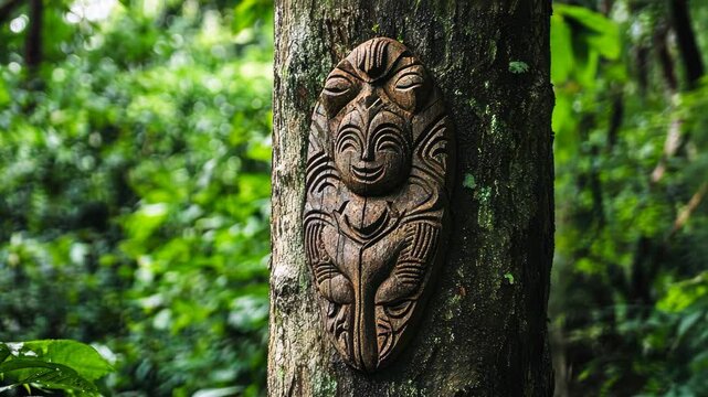 Carvings on tree trunk surrounded by lush green forest foliage showcasing intricate craftsmanship, Carvings on tree in lush, green forest