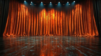 Majestic Theater Stage: Velvet Curtains, Spotlights, and Dark Wooden Floor