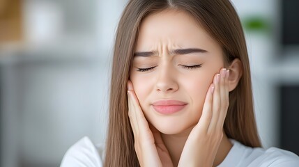 A young woman in business attire sits at a desk, her face showing frustration and pain from a toothache. The modern office setting contrasts her discomfort, emphasizing the balance between work .