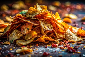 Close-Up of a Heap of Potato Chips: Crumbled, Textured Snack Food