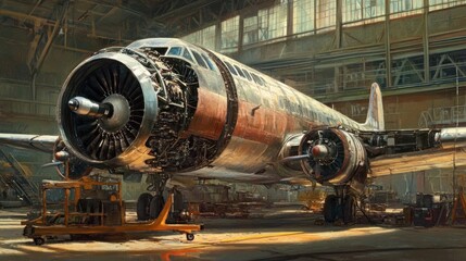 A detailed view of a vintage airplane in a hangar, showcasing its engines and structure.