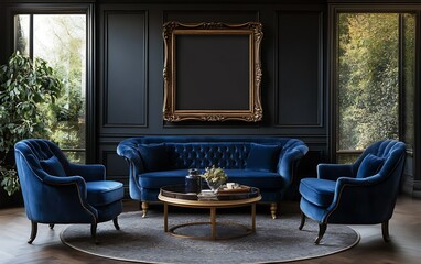 Luxurious blue velvet sofa set in a dark, elegant living room