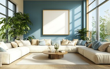 Fototapeta premium Modern living room, sectional sofa, large windows, sunlight, plants, mockup poster. Use interior design