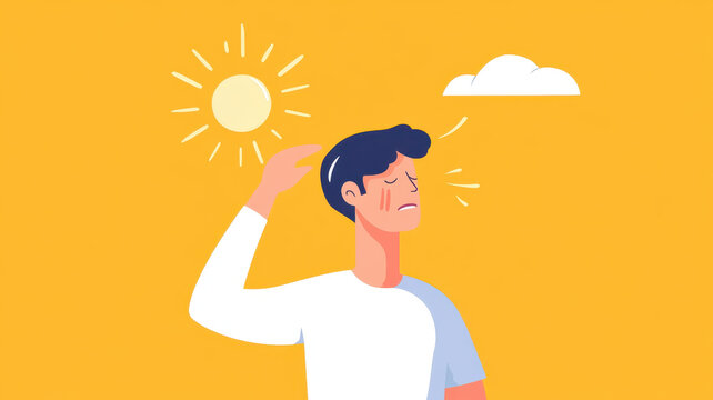 Man sweating under bright sun, feeling heatstroke symptoms and discomfort