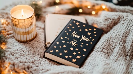 Cozy New Year's Eve Setup with Candle and Journal for Reflection and Relaxation