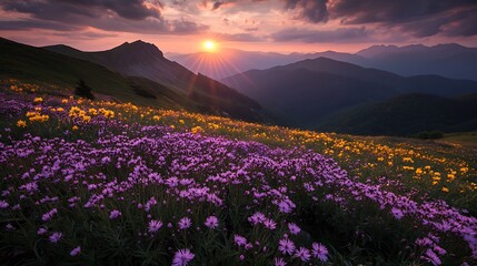Obraz premium a field of flowers with mountains in the background
