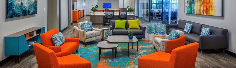 Modern Office Lounge Design: Vibrant Colors and Comfortable Seating Enhance Productivity and Collaboration