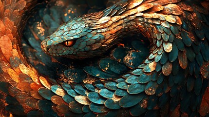 A snake with shimmering emerald and gold scales intricately woven into a vibrant Chinese dragon scale pattern, glowing softly under dynamic lighting,