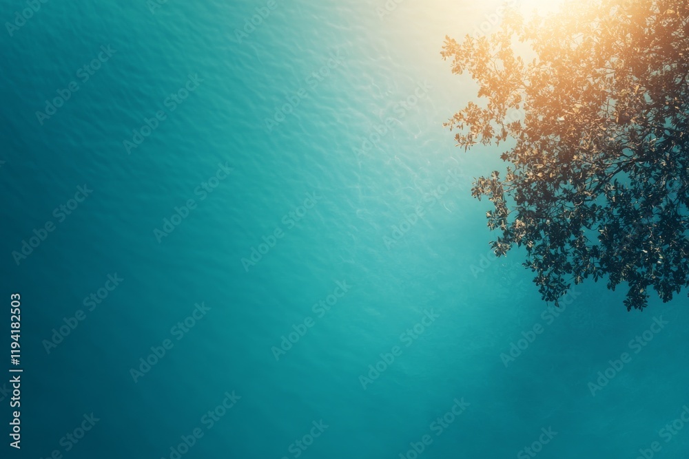 Poster a serene tree extends its branches over a crystal-clear swimming pool, reflecting bright sunlight an