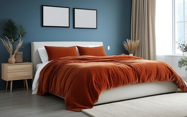 Luxurious burnt orange bedding in modern bedroom