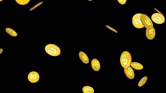 ドルマークのイラストが描かれた金色のコインがゆっくり降ってくる 
Alpha channeled material of a golden coin with an illustration of a dollar sign falling slowly