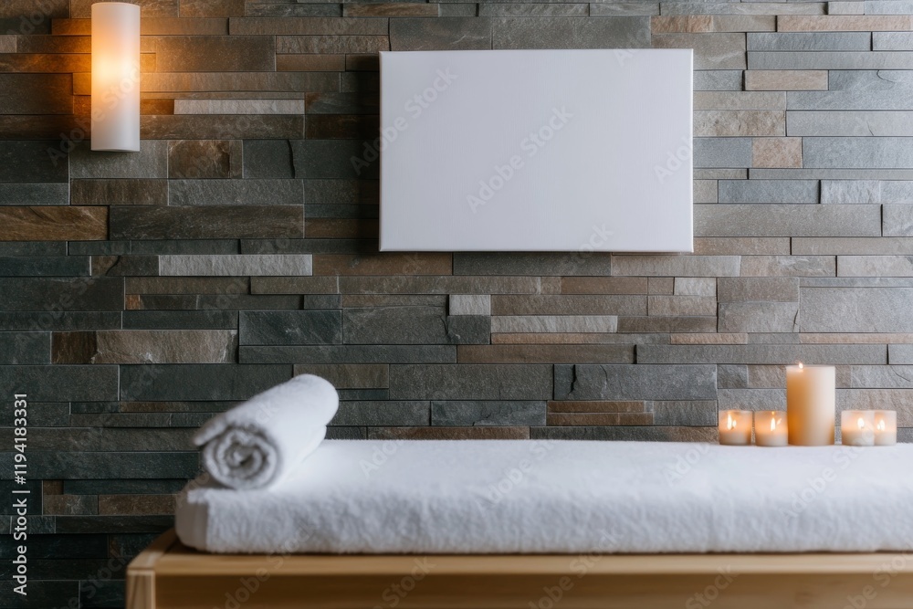Poster this serene spa room features natural stone walls, softly glowing candles, and an empty canvas frame