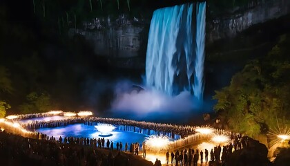 Nighttime Waterfall Show With Fireworks And Spectators