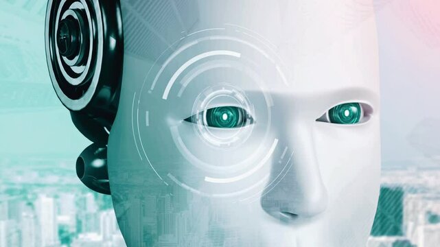 Robot hominoid face close up with graphic concept of big data analytic by AI thinking brain, artificial intelligence and machine learning process for the 4th fourth industrial revolution. 3D rendering