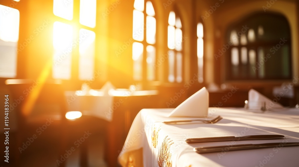 Poster a luxurious dining room features a long oak table set with white linens and silverware, illuminated 