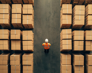 Efficient warehouse management with worker overseeing stacked boxes