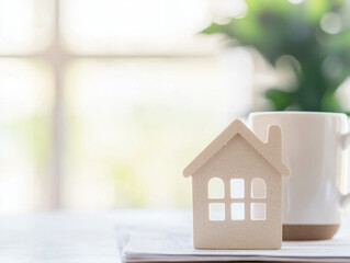 small house model beside coffee cup on desk, symbolizing home