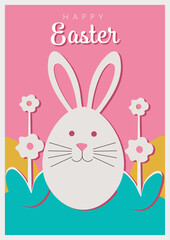 Easter card with bunny and easter egg. Vector illustration. with pink background.