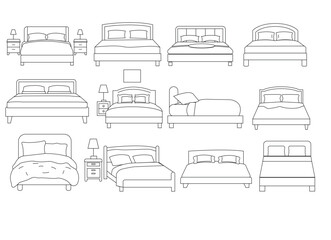 Set of bed line art illustrations, minimalist furniture vector, perfect for modern decor projects.