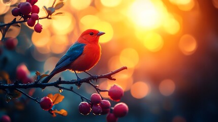 Obraz premium Vibrant red bird perched on a branch with berries at sunset.