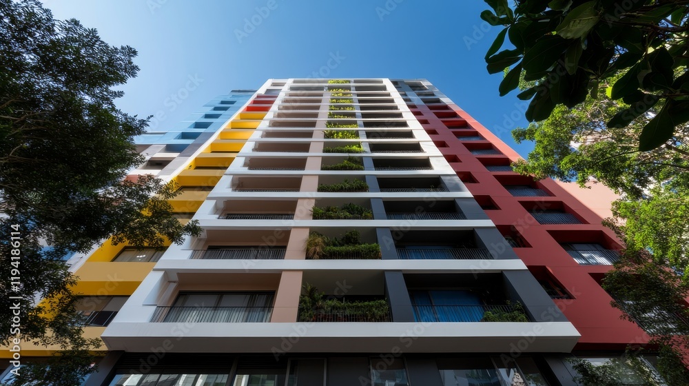 Poster lush plants cascade from balconies of a striking urban apartment building, creating an inviting atmo