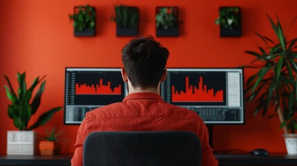 Data analysis action by a professional in a modern office environment with greenery and dual screens overhead view technology concept