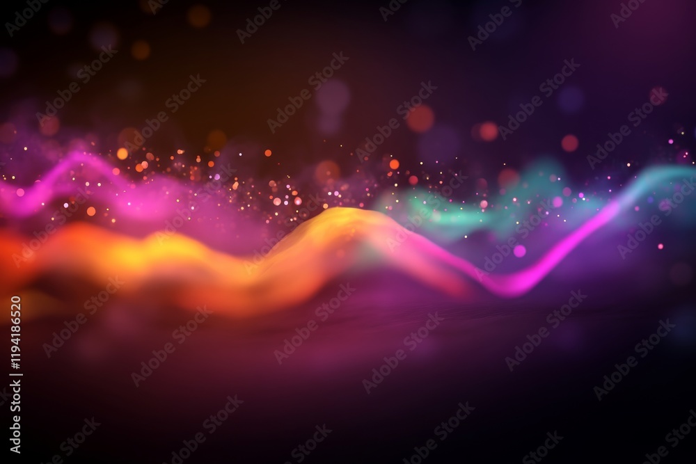 Poster Vibrant multicolored digital waves move energetically across a dark backdrop, with glowing particles enhancing the feeling of constant motion and flow