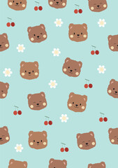 Brown bear cherry daisy flower on light pink background.Vector seamless pattern.