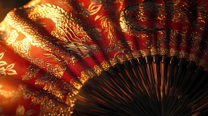 An ornate snake wrapping gracefully around a Chinese fan with embroidered dragon motifs, vibrant red and gold embroidery glowing under diffused light, intricate textures and cinematic realism,