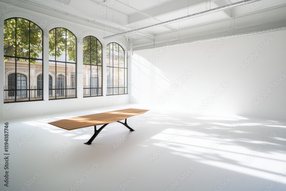 Poster clean white kitchen features a sunlit wooden table that invites creativity, with shadows creating pa