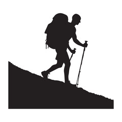 PrintHiking man Silhouettes. hiking man with rucksacks silhouette. hiker with backpack, vector silhouettes. mountaineer climber hiker people. Backpacker. walking with the aid of trekking poles.