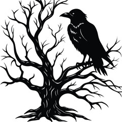 raven perched on a spooky tree