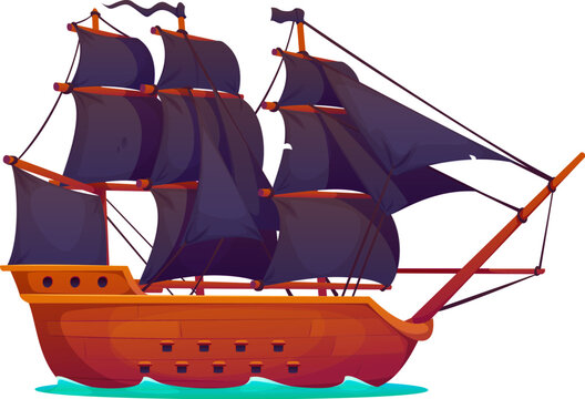 Buccaneer pirate historical frigate sail ship. Buccaneer ancient caravel warship. Privateer old frigate vessel isolated vector or pirate historical galleon ship with black sails