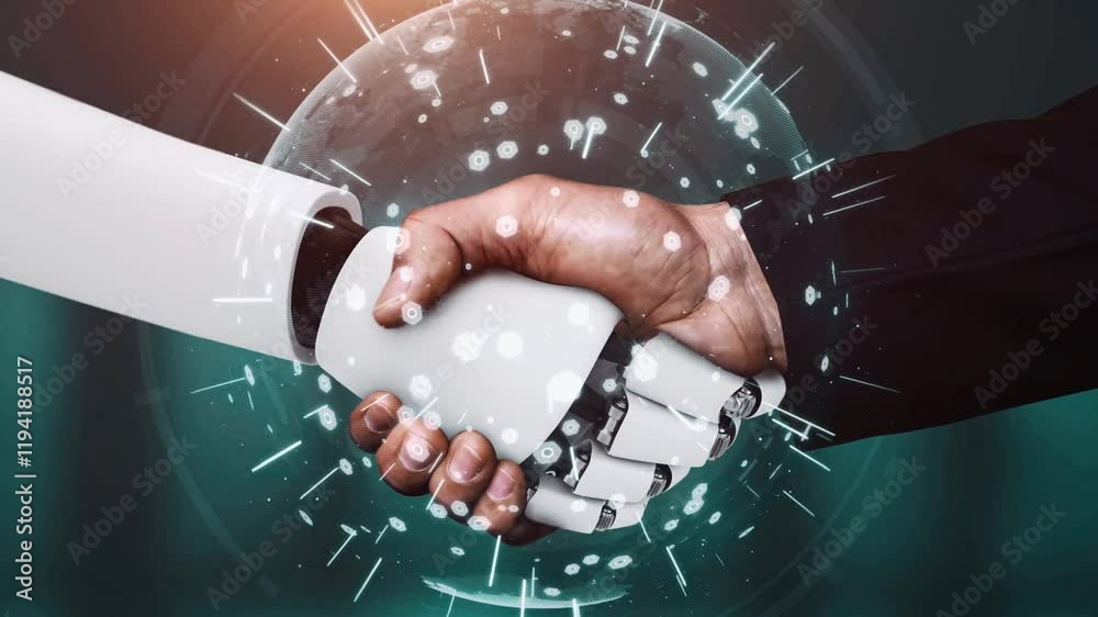 Poster 3d rendering hominoid robot handshake to collaborate future technology development by ai thinking br