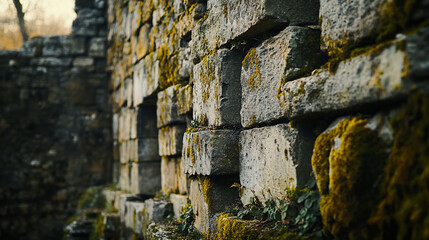 Mossy stone wall ruins, ancient history, overgrown vegetation, autumnal setting; historical site photography