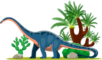 Shunosaurus prehistoric dinosaur character. Isolated cartoon vector ancient herbivore sauropod reptile animal in natural environment with rock, tree and plants. Mid Jurassic paleontology era lizard © Vector Tradition
