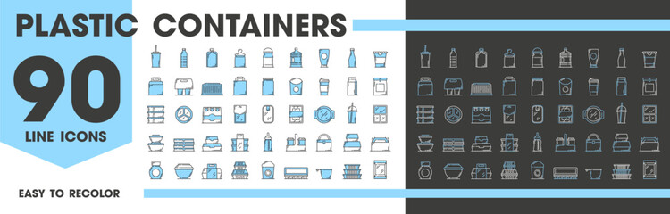 Plastic food containers and package line icons vector set. Linear signs of disposable cup, bottle, tray, box and wrap, coffee mugs, bags and plates. Jar, milk bottle, fast food packs and snack dishes