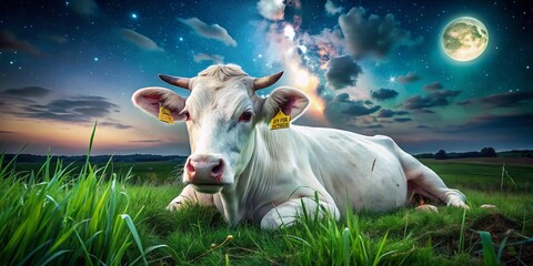 Content Cow Chewing Cud in Serene Night Pasture - Farm Animal Stock Photo