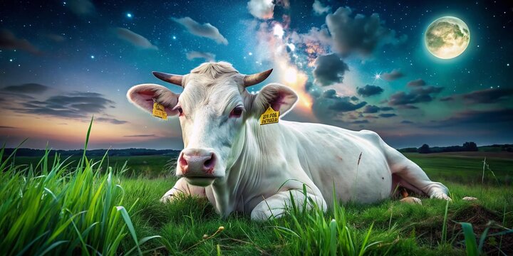 Content Cow Chewing Cud in Serene Night Pasture - Farm Animal Stock Photo