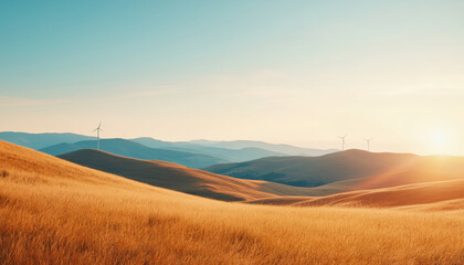Wind turbines at sunrise over rolling hills create serene landscape