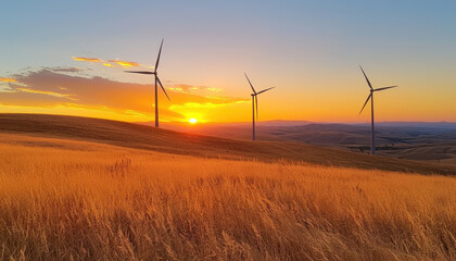Sunrise over rolling hills with wind turbines, showcasing eco friendly energy