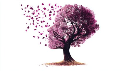 Obraz premium A Harmonious Blend of Nature and Human Form Featuring a Stylized Tree with Blossoms and Birds Emanating from a Silhouette of a Face in Soft Pink and White Tones