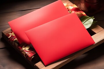 Two red envelopes rest on a wooden tray, surrounded by festive decorations, evoking themes of celebration and gifting.