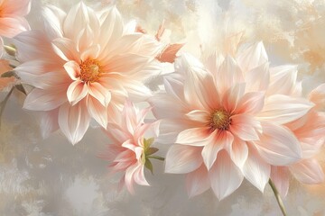 A tranquil image of pink and cream dahlias basking in sunlight, with gentle winds adding a dynamic touch to the composition.